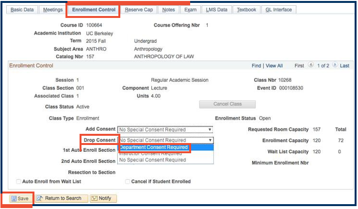 "Enrollment Capacity" tab and Drop Consent drop list set to “Department Consent” emphasized with red box highlight. "Save" button emphasized with red box highlight.