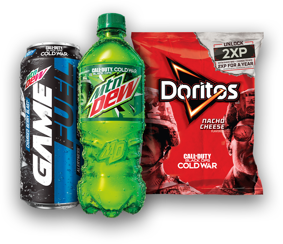 A bottle of mountain dew and a pack of Doritos with Call of Duty