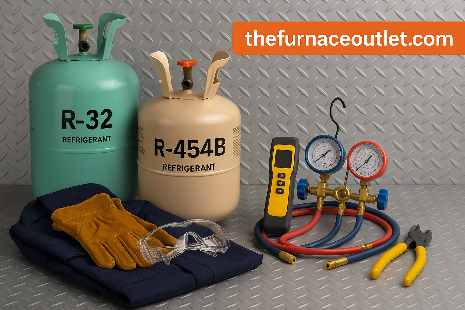 A high-resolution digital photograph displays HVAC safety essentials including R-32 and R-454B refrigerant cylinders, flame-resistant gloves, safety goggles, a gas leak detector, manifold gauges, and pliers, all arranged on a diamond-plate surface. The Furnace Outlet branding is prominently shown, emphasizing proper handling and storage practices for A2L refrigerants