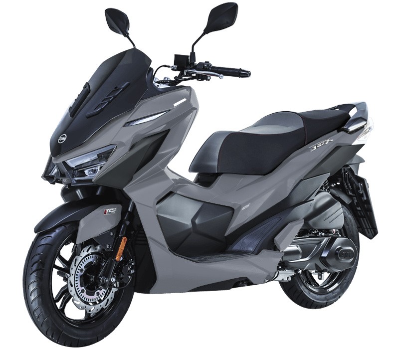 A grey motorcycle with black seat

Description automatically generated