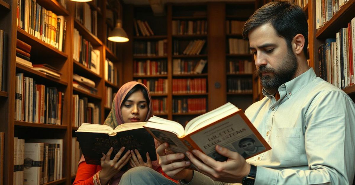 A man and woman in a library, engrossed in books about The Psychological and Cultural Impact of Belief Systems.