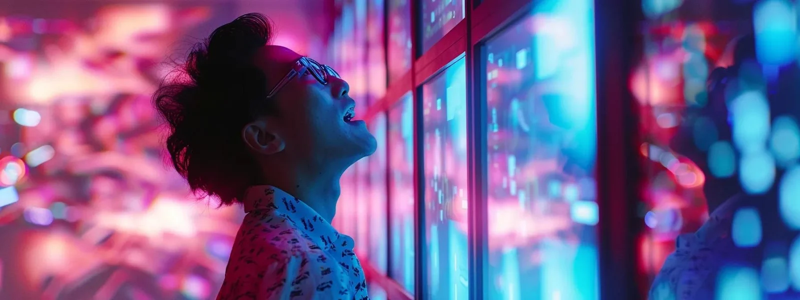 a person excitedly entering a dimly lit server room filled with glowing promotional codes and exclusive offers displayed on screens.