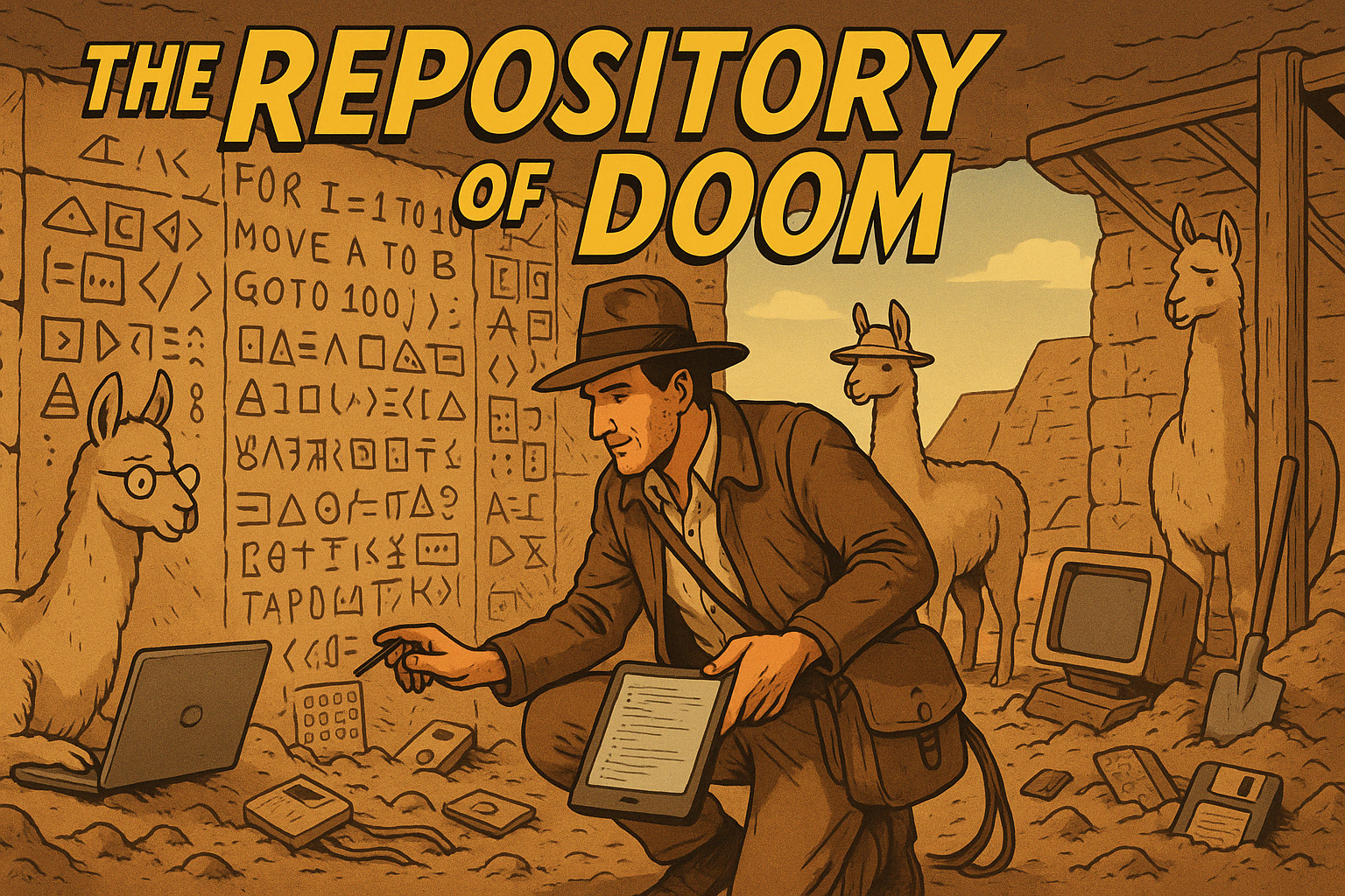 An adventurer in a fedora deciphers ancient code symbols at a desert dig site, using a tablet. Three llamas, one with glasses, assist amid relics like floppy disks and old computers. A stone wall behind them displays hieroglyphic-like programming code. The title “The Repository of Doom” appears overhead.