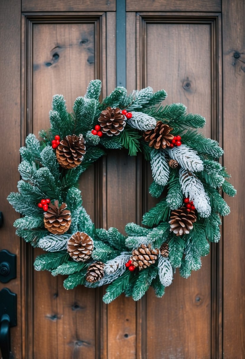 A flocked greenery wreath adorned with pinecones and red berries hangs on a rustic wooden door