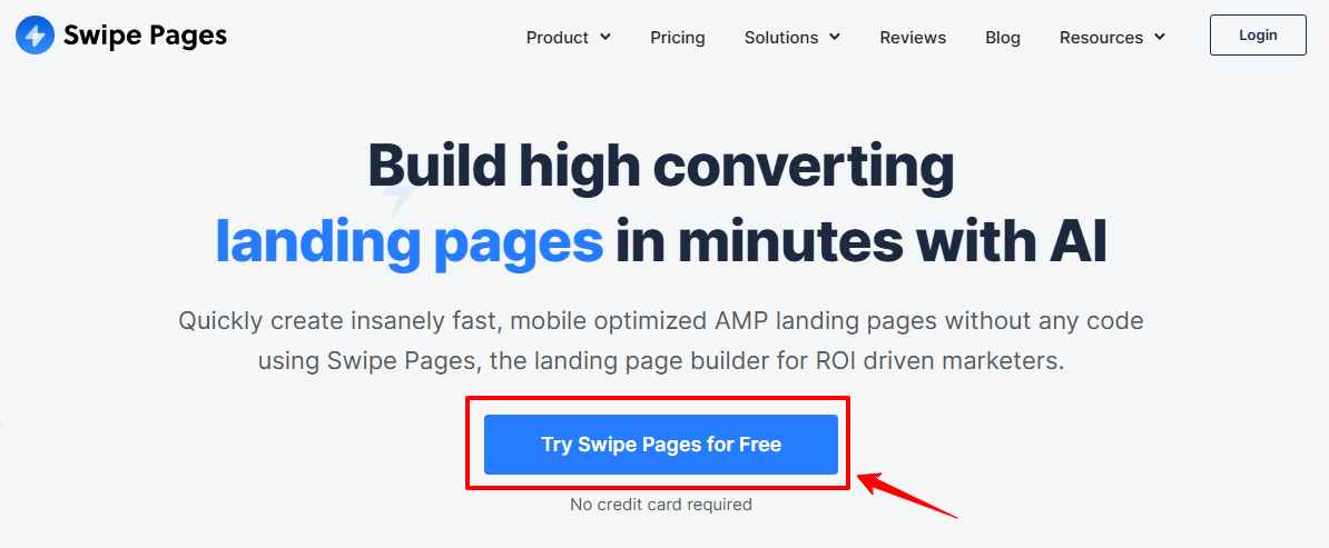 Swipe Pages homepage promotes building high-converting landing pages quickly with AI. Features a prominent blue 'Try Swipe Pages for Free' button