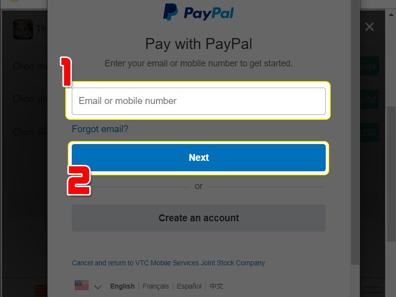 Điền thông tin Email tài khoản PayPal