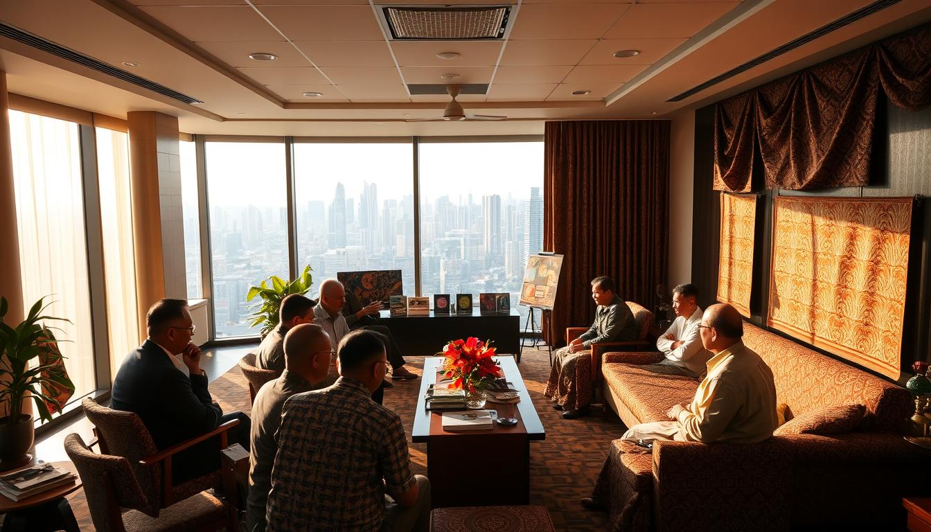 A serene government office filled with the vibrant colors and intricate patterns of traditional Malaysian batik. In the foreground, government officials meet to discuss initiatives and policies aimed at promoting and preserving this cultural heritage. Soft, natural lighting illuminates the scene, casting warm hues on the batik fabrics draped on the walls and furniture. In the middle ground, displays showcase the diverse batik styles and techniques, while in the background, a panoramic view of the bustling city skyline serves as a reminder of the cultural and economic significance of this art form. The atmosphere is one of collaboration, appreciation, and a steadfast commitment to bolstering the batik industry in Malaysia.