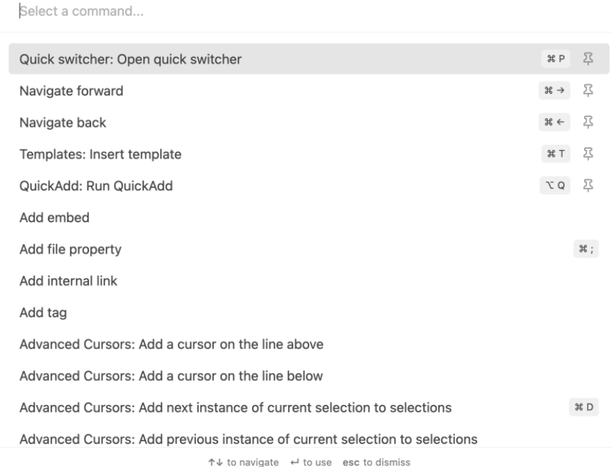 obsidian shortcuts: command palette