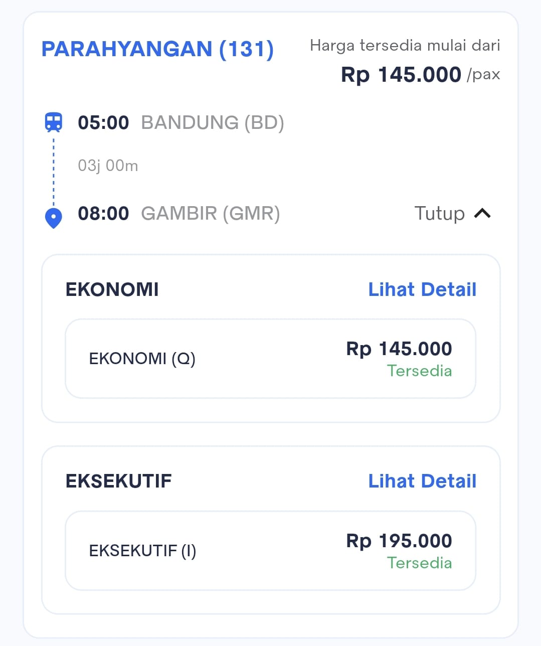 Harga Tiket KA Parahyangan (131) Bandung (BD) – Gambir (GMR)