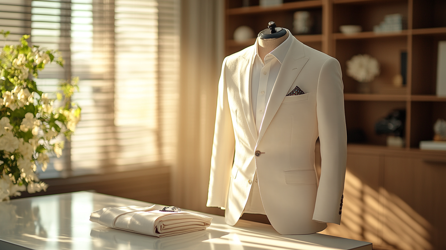 A white suit, impeccably folded, placed on a sleek office table. The office setting is minimalist with clean lines, soft natural light, and a simple, professional decor, highlighting the boldness and elegance of the white suit.