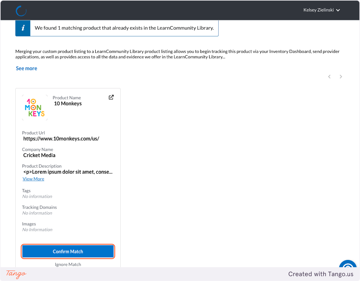 Use the link-out arrow to review more information about the product and select 'Confirm Match' to proceed to the next step.