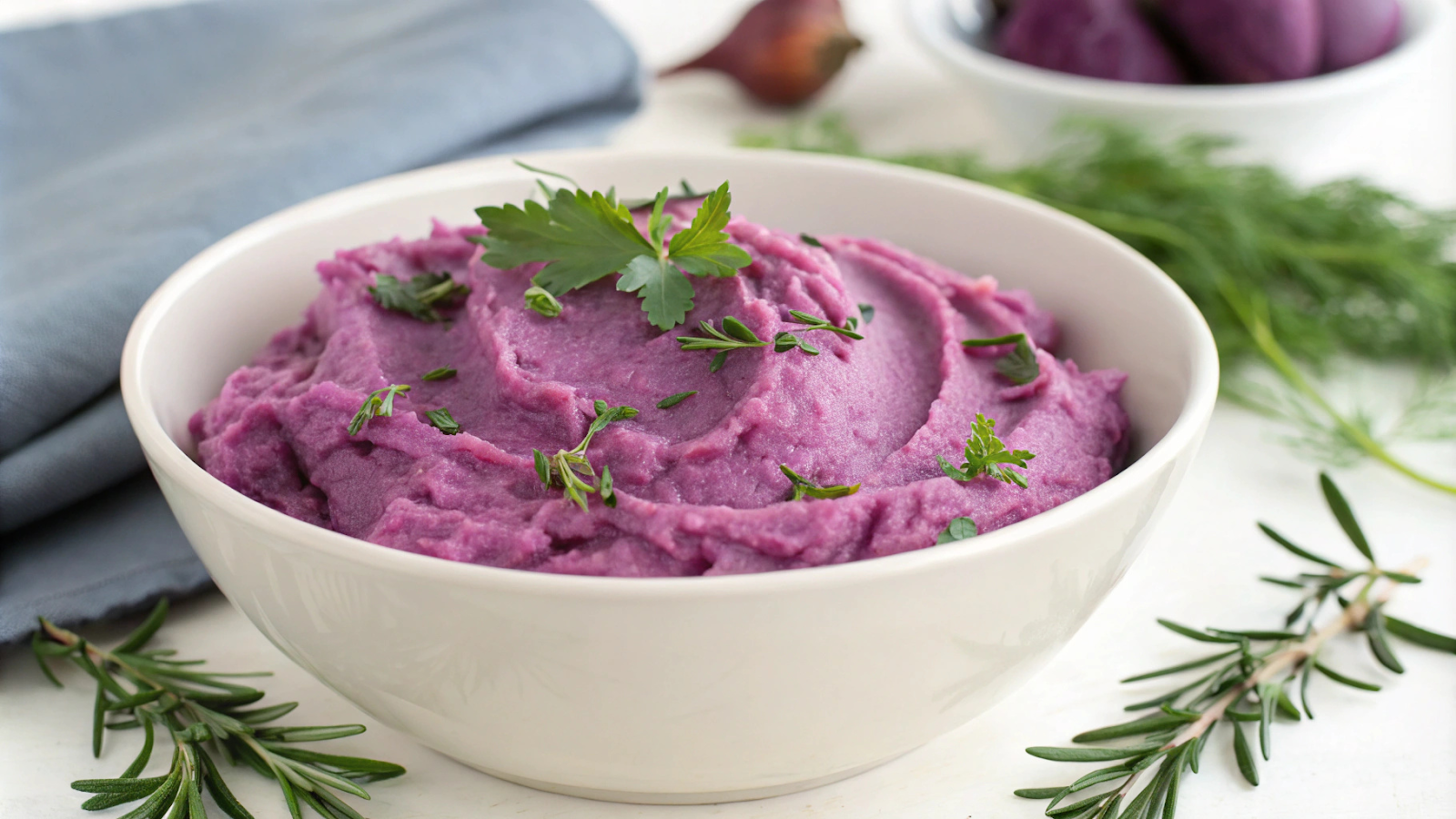 Purê de inhame roxo cremoso em tigela branca com folhas verdes por cima