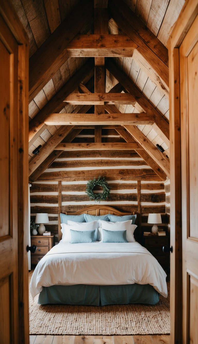 Rustic wooden ceiling beams frame a cozy country farmhouse bedroom