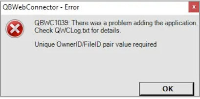 qbwc1039 there was a problem adding the application. unique owner id / file id pair