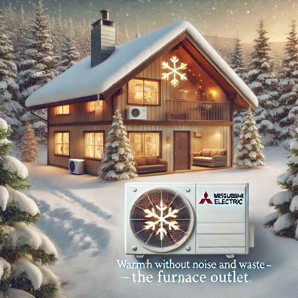 Snow-covered cabin with glowing windows and a visible Mitsubishi mini-split unit outdoors, emphasizing quiet operation and reliable cold-weather heating.