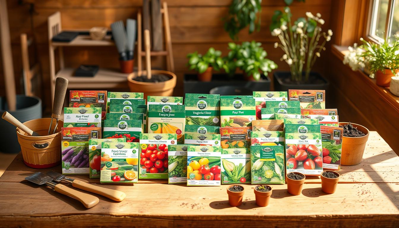 A variety of Dollar Tree vegetable seeds  displayed on a wooden table