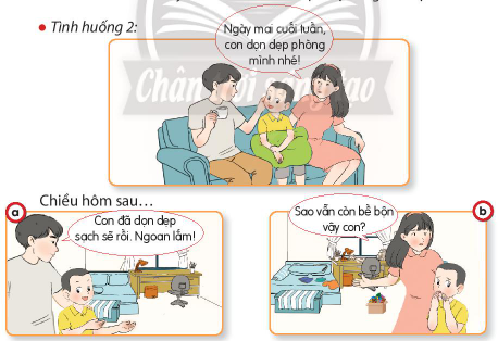 BÀI 4. TÍCH CỰC HOÀN THÀNH NHIỆM VỤ Ở NHÀKHỞI ĐỘNGCâu hỏi: Quan sát tranh và trả lời câu hỏi:Nêu những nhiệm vụ ở nhà mà Tin đã hoàn thành?Khi hoàn thành tốt nhiệm vụ ở nhà, cảm xúc của em như thế nào?Giải nhanh:Vứt rác, gấp quần áo, cho chó ăn.Khi hoàn thành tốt nhiệm vụ ở nhà, em cảm thấy rất vui và tự hào KIẾN TẠO TRI THỨC MỚICâu 1: Quan sát tranh và cho biết bạn nào tích cực hoàn thành nhiệm vụ ở nhà?Kể thêm các biểu hiện của việc tích cực hoàn thành nhiệm vụ ở nhà?Giải nhanh:Các bạn trong tranh 1,3 và 4 rất tích cực hoàn thành nhiệm vụ ở nhàBiểu hiện khác của việc tích cực hoàn thành nhiệm vụ ở nhà:Không ganh tị với anh/chị/em Hoàn thành sớm nhiệm vụ được giao và chủ động giúp đỡ anh/chị em Không nghỉ ngơi hoặc ngồi chơi trước khi hoàn thành những công việc được giao.Câu 2: Quan sát tình huống và trả lời câu hỏi:Tình huống 1: Hình ảnh nào cho thấy Na hoàn thành nhiệm vụ đúng kế hoạch? Vì sao?Tình huống 2: Hình ảnh nào thể hiện Bin hoàn thành nhiệm vụ có chất lượng? Vì sao?Giải nhanh:Tình huống 1. Hình ảnh a cho thấy Na hoàn thành nhiệm vụ đúng kế hoạch Tình huống 2. Hình ảnh a thể hiện Bin hoàn thành nhiệm vụ có chất lượng Câu 3: Kể chuyện theo tranh và trả lời câu hỏi:Việc Tin tích cực tưới rau mang lại điều gì?Vì sao em cần tích cực hoàn thành nhiệm vụ ở nhà?Giải nhanh:Việc Tin tích cực tưới rau khiến vườn rau trở nên xanh tốt, ông của Tin cũng khoẻ và vui vẻ hơn nhiều.Em cần tích cực hoàn thành nhiệm vụ ở nhà để giúp bố mẹ, người thân có thêm thời gian nghỉ ngơi sau một ngày làm việc vất vả.LUYỆN TẬPCâu 1: Nhận xét về việc làm của các bạn trong tranh?Giải nhanh:Tranh 1: Hành động của bạn Na rất đáng khenTranh 2: Hành động của bạn nam là không tốt, cần phải phê bình Câu 2: Em sẽ khuyên bạn điều gì trong các tình huống sau? Vì sao?Giải nhanh:Tình huống 1: Em sẽ khuyên Bin nên gấp chăn trước khi đi đá bóng với các bạn. Tình huống 2: Em sẽ khuyên Cốm nên tập trung trông emTình huống 3: Em sẽ khuyên Tin nên đi vứt VẬN DỤNG