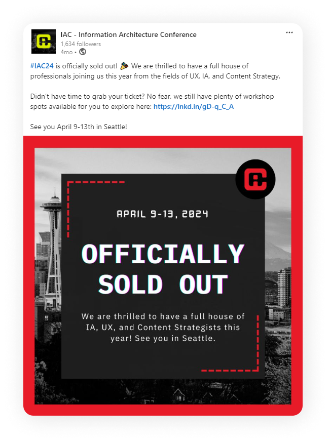 Screenshot of our social media post sharing when IAC officially sold out of tickets