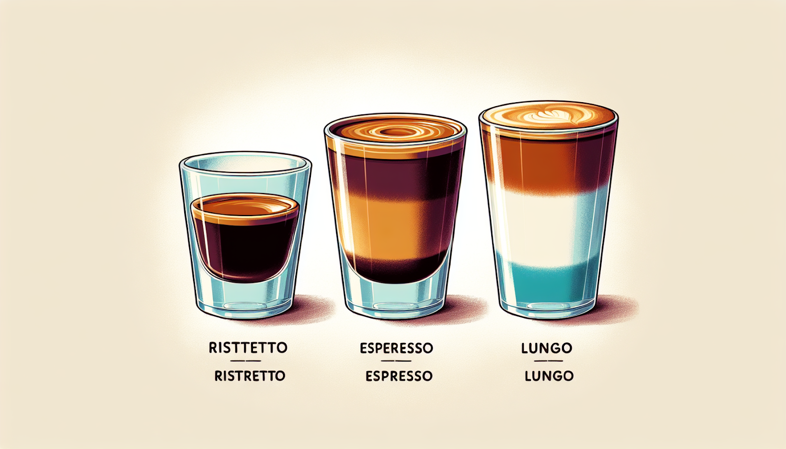 Illustration comparing espresso, ristretto, and lungo