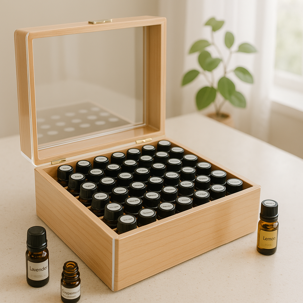Thumbnail Image A beautifully organized essential oil storage box made of wood or acrylic, with neatly arranged small bottles labeled and categorized. The box is open on a clean countertop with a few oils in use nearby, and the background includes soft natural lighting and a plant for a fresh, calming atmosphere.