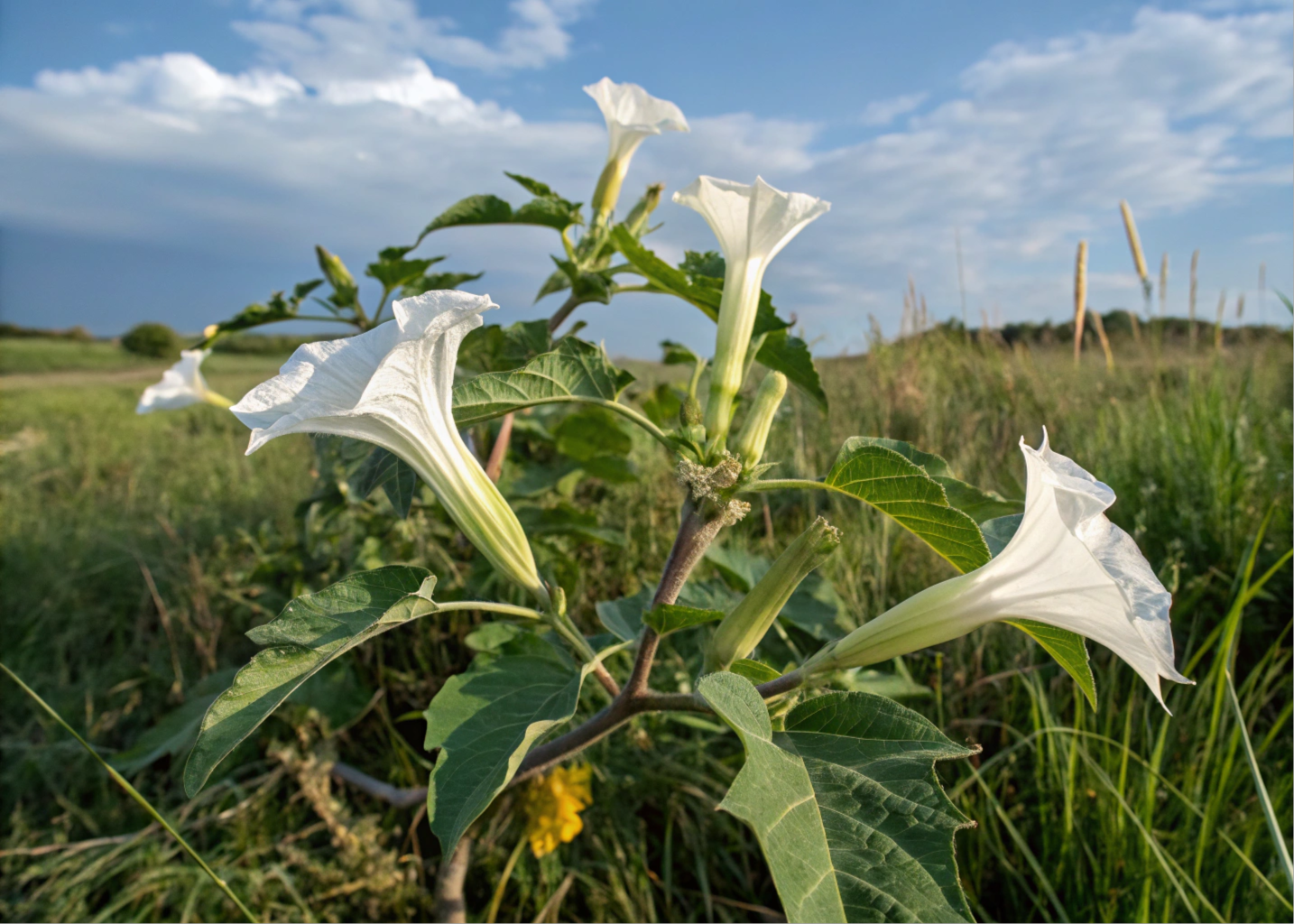 Planta Datura stramonium, conhecida por suas flores em forma de trombeta