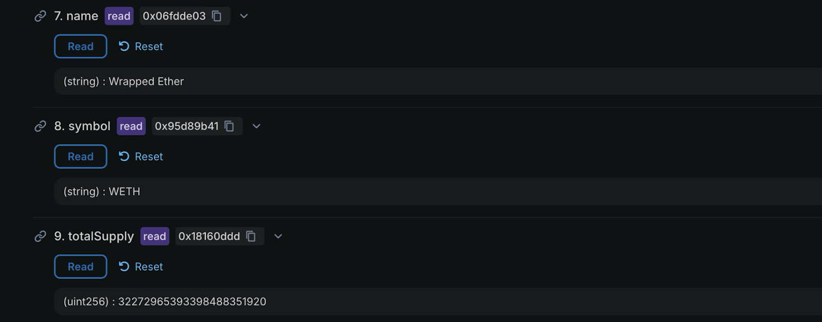 ERC-20 token contract read functions showing name 'Wrapped Ether', symbol 'WETH', and totalSupply of 322729653933984883519120 with hexadecimal method IDs and Read buttons for smart contract interaction