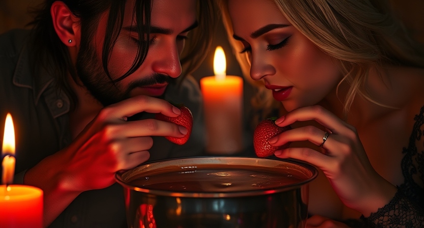 A couple dipping fresh strawberries into a pot of melted chocolate fondue, soft candlelight, indulgent atmosphere