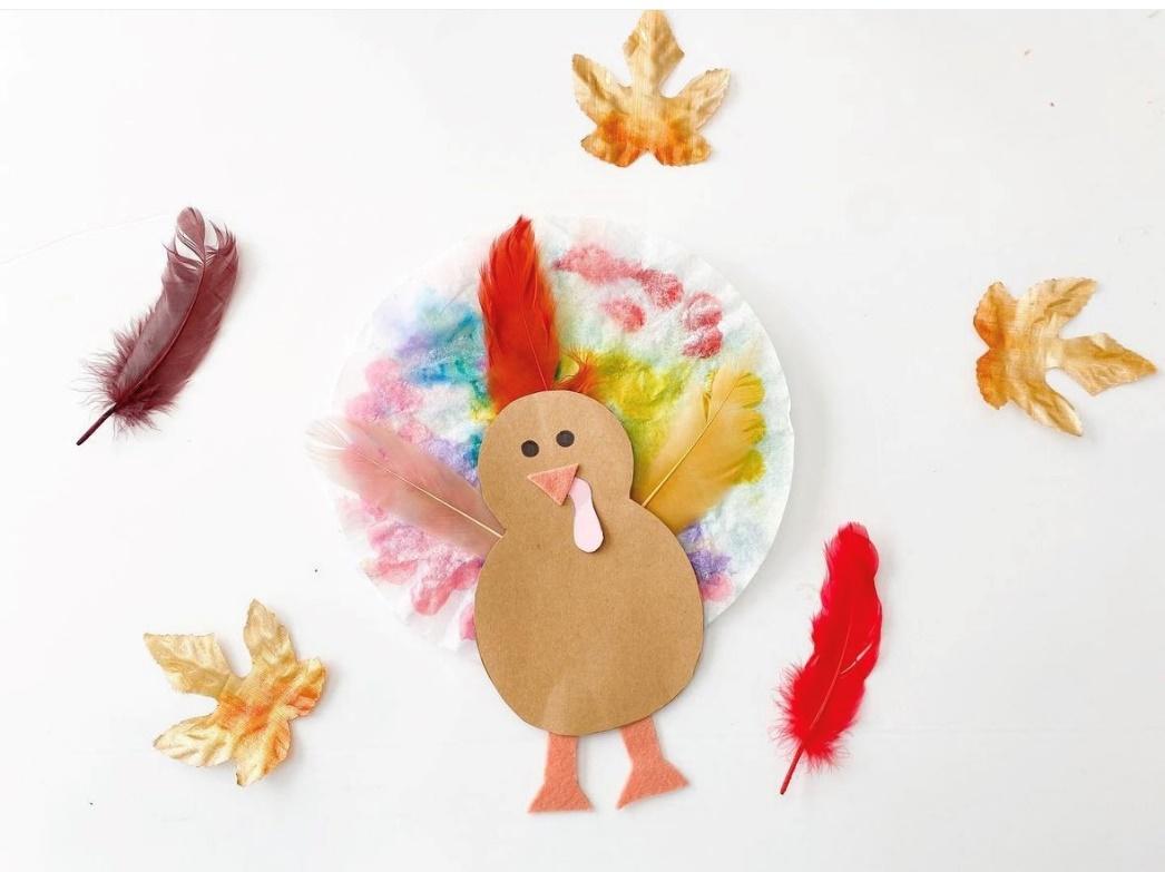 A turkey made out of paper and feathersDescription automatically generated