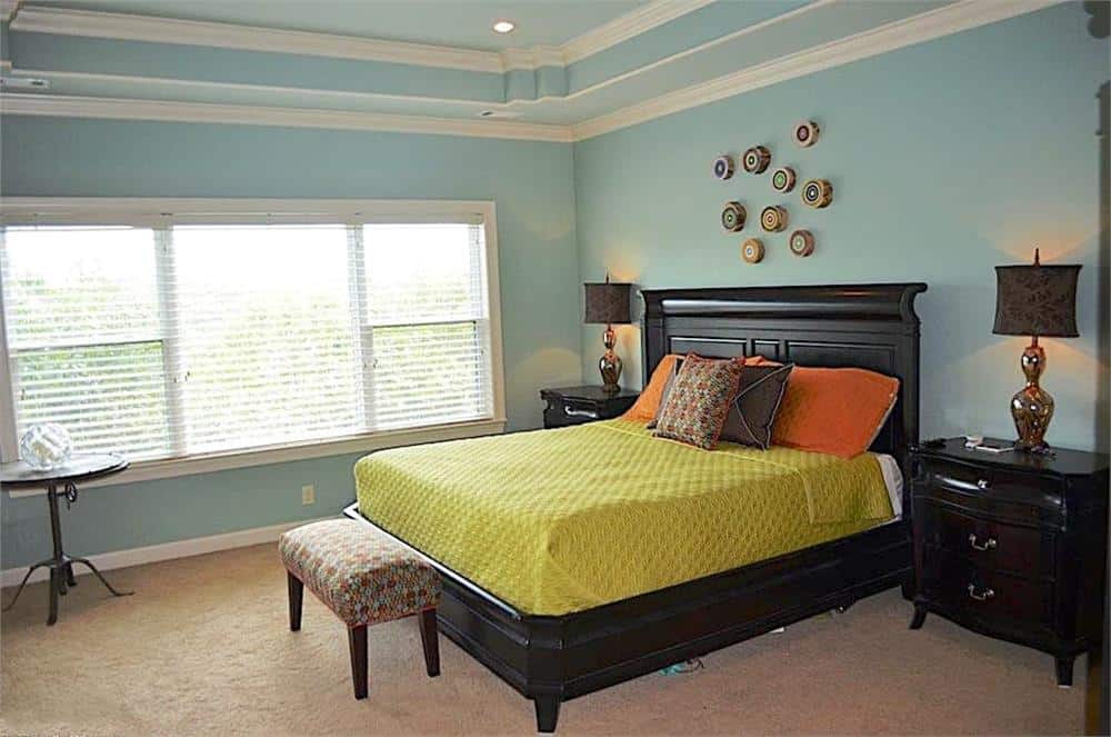 The primary bedroom features dark wood furnishings, a tray ceiling, and light blue walls adorned with small, round wall arts.