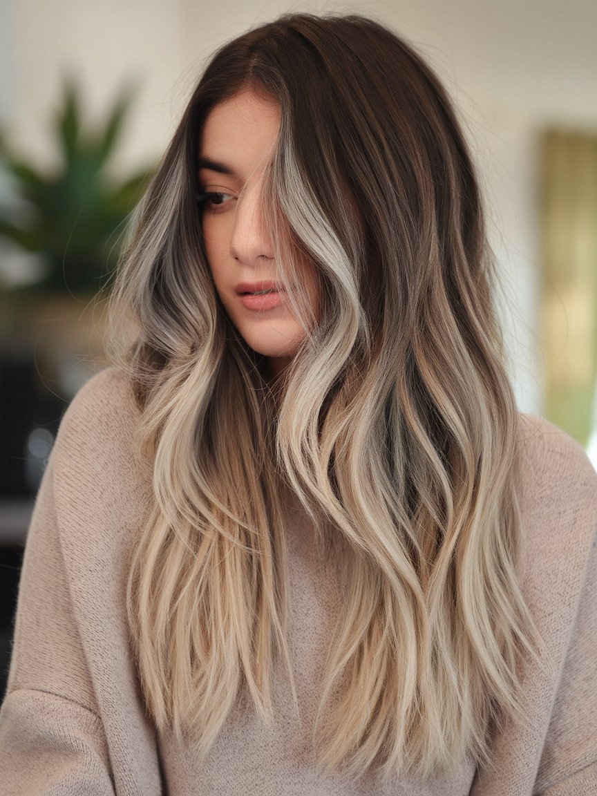 29. Silver Black Long Waves With Balayage Highlights