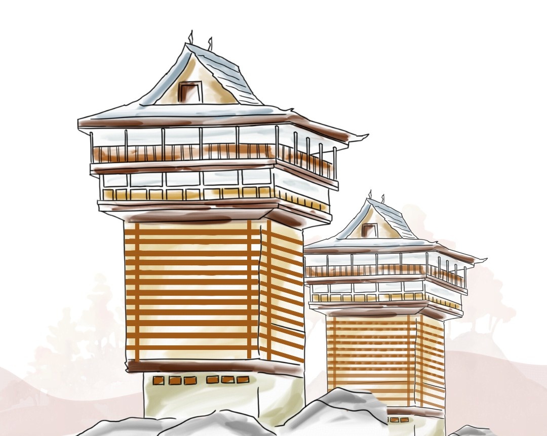 Kath Kuni houses from Himachal Pradesh featuring horizontal wooden beams and large balconies on the upper levels, showcasing a blend of architectural elements.