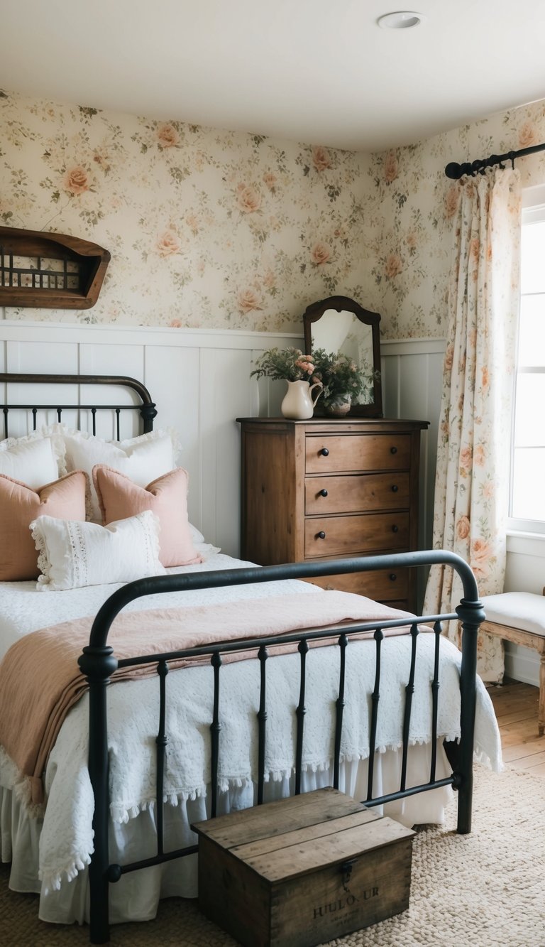 A cozy farmhouse bedroom with shabby chic throw pillows on a vintage iron bed, floral wallpaper, and rustic wooden furniture