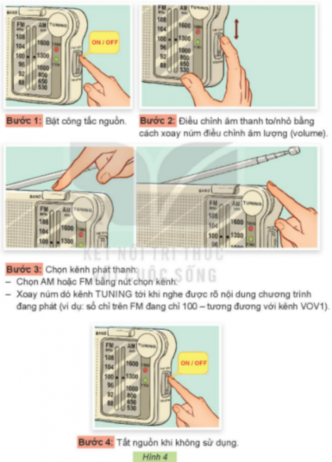 BÀI 4. SỬ DỤNG MÁY THU THANH1. TÁC DỤNG CỦA MÁY THU THANHCâu 1: Em hãy quan sát Hình 1 và cho biết Minh, Hoa, ông bà đang sử dụng máy thu thanh để làm gì?Giải nhanh:- Tranh a: Hoa đang nghe nhạc, giải trí.- Tranh b: Minh đang học tiếng Anh.- Tranh c: Ông bà đang cập nhật thông tin thời tiết.2. MỐI QUAN HỆ GIỮA ĐÀI PHÁT THANH VÀ MÁY THU THANHCâu 1: Em hãy quan sát Hình 2, tìm từ thích hợp và hoàn thiện câu dưới đây để thể hiện mối quan hệ giữa máy thu thanh và đài phát thanh?Giải nhanh:Đài phát thanh Máy thu thanh 3. MỘT SỐ CHƯƠNG TRÌNH PHÁT THANHCâu 1: Em hãy đọc thông tin trong Hình 3 và cho biết tên chương trình phát thanh phù hợp với lứa tuổi học sinh?Giải nhanh: Các chương trình phát thanh phù hợp với lứa tuổi học sinh:Sống an toànCa nhạc thiếu nhiĐọc truyện dài kìThiếu nhiThanh niênGiáo dục từ xaCâu 2: Hãy chia sẻ với bạn tên và nội dung chương trình phát thanh có trong Hình 3 mà em biết?Giải nhanh: Tên chương trình: Ca nhạc thiếu nhi.Nội dung: phát các bài hát thiếu nhi theo chủ đề, theo ngày lễ hoặc các sự kiện quan trọng 4. SỬ DỤNG MÁY THU THANH