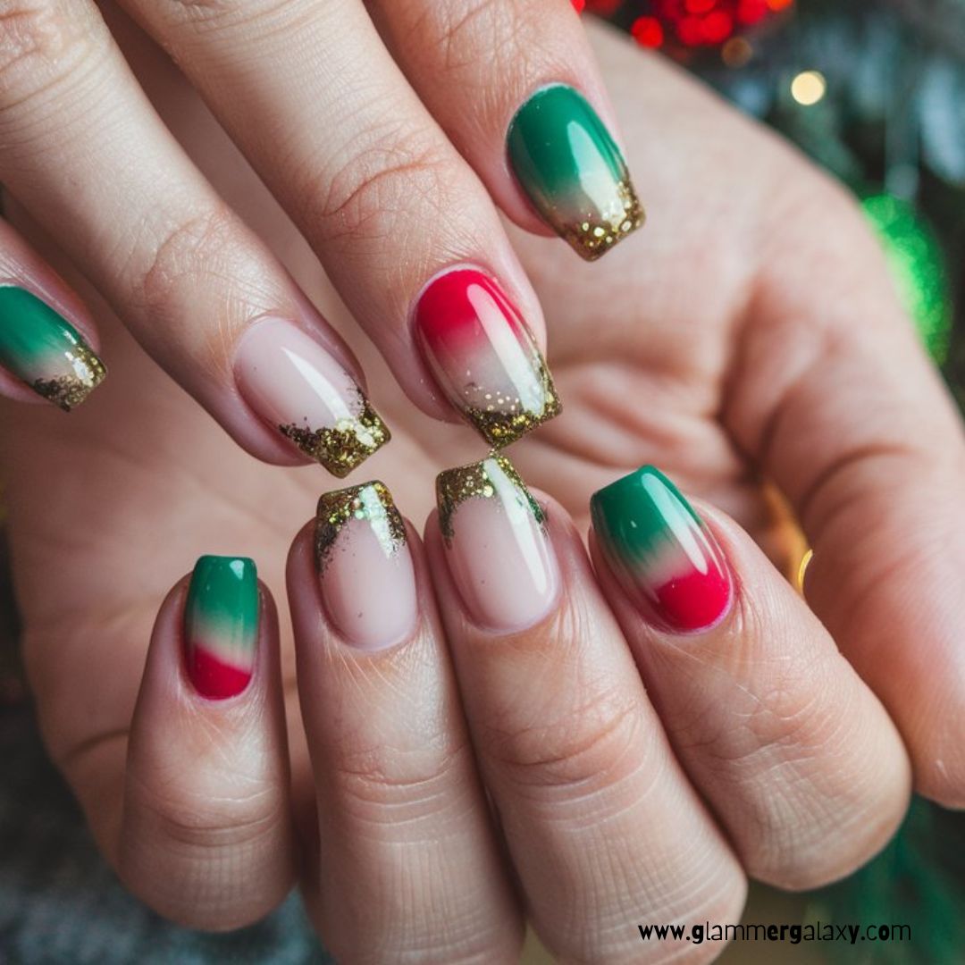 Christmas holiday Nails having Sparkly Glitter Nail Accents
