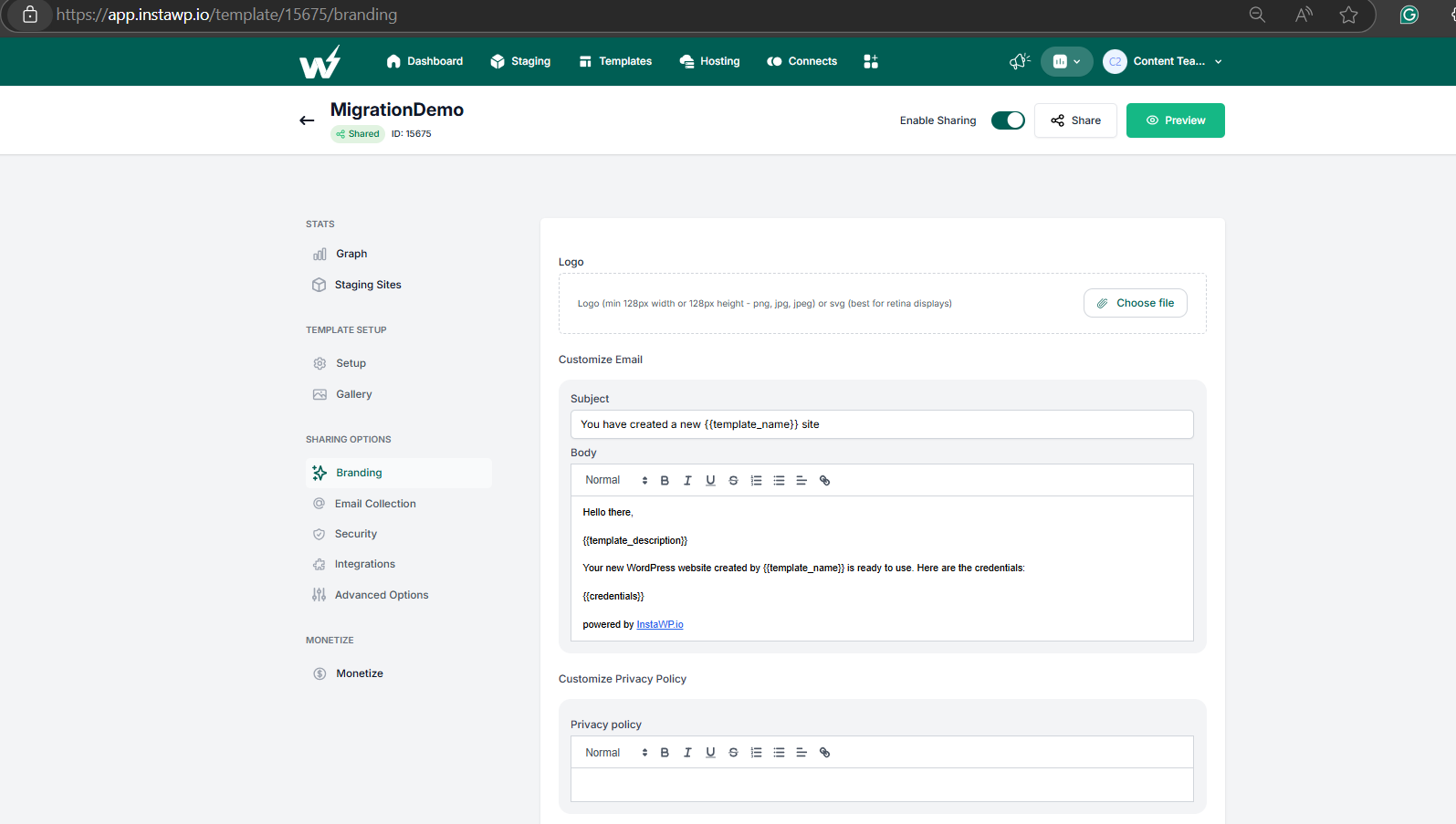 Add your agency's logo and domain for a branded client experience for website as a service in InstaWP. 
