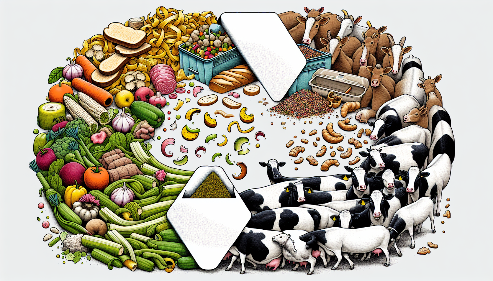 Illustration of transforming food scraps into livestock feed