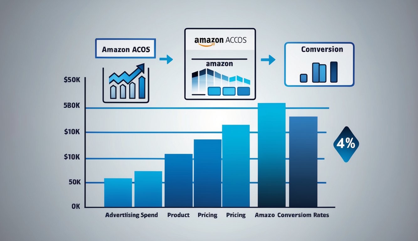 A graph showing various factors influencing Amazon ACoS, such as advertising spend, product pricing, and conversion rates