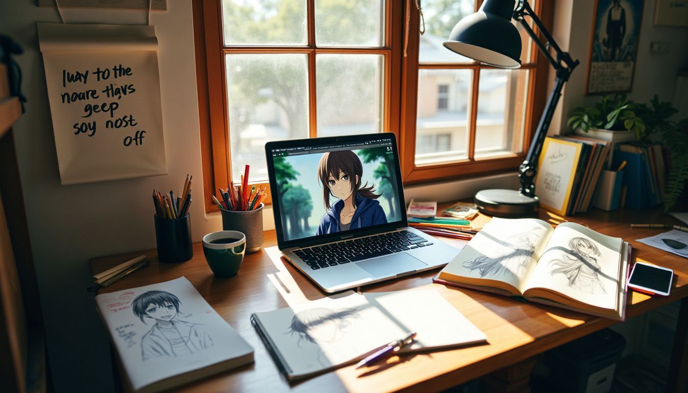 A cluttered work desk with character designs and inspirational quotes. A cluttered work desk with character designs and inspirational quotes.