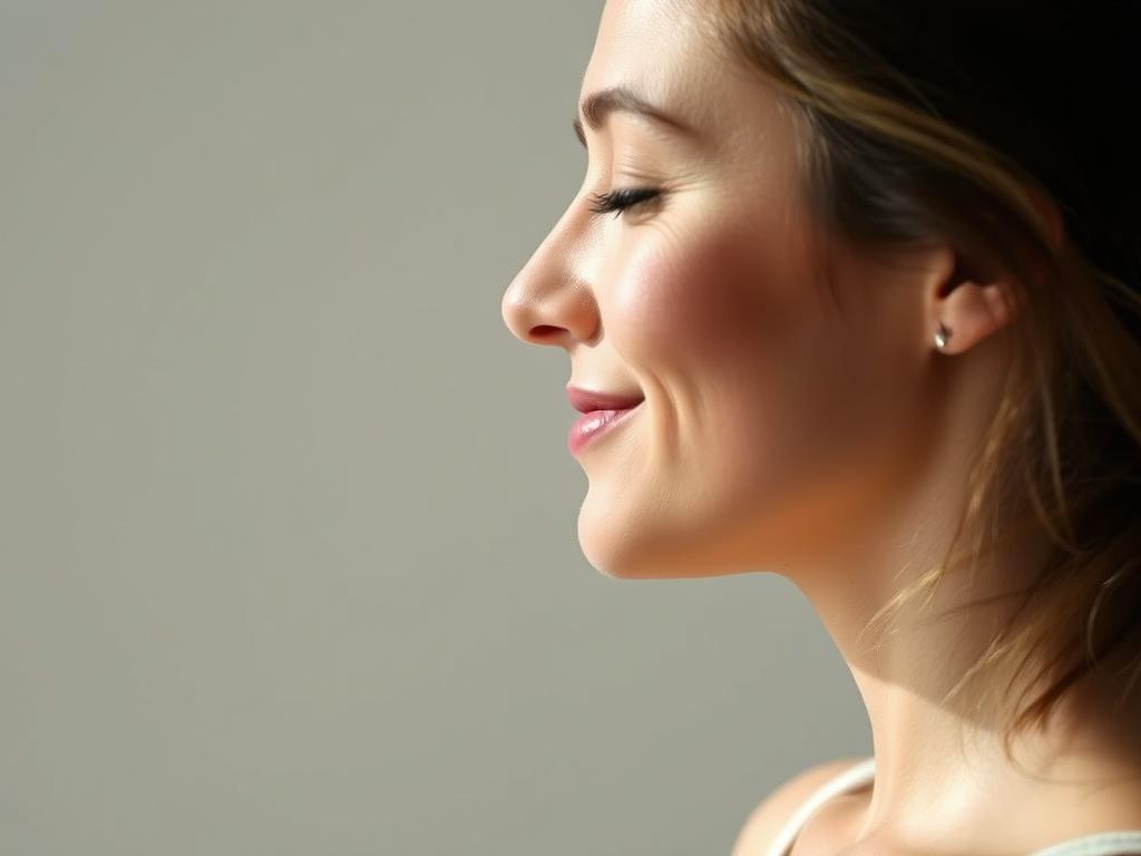 Woman practicing Om chanting facial yoga exercise for glowing skin