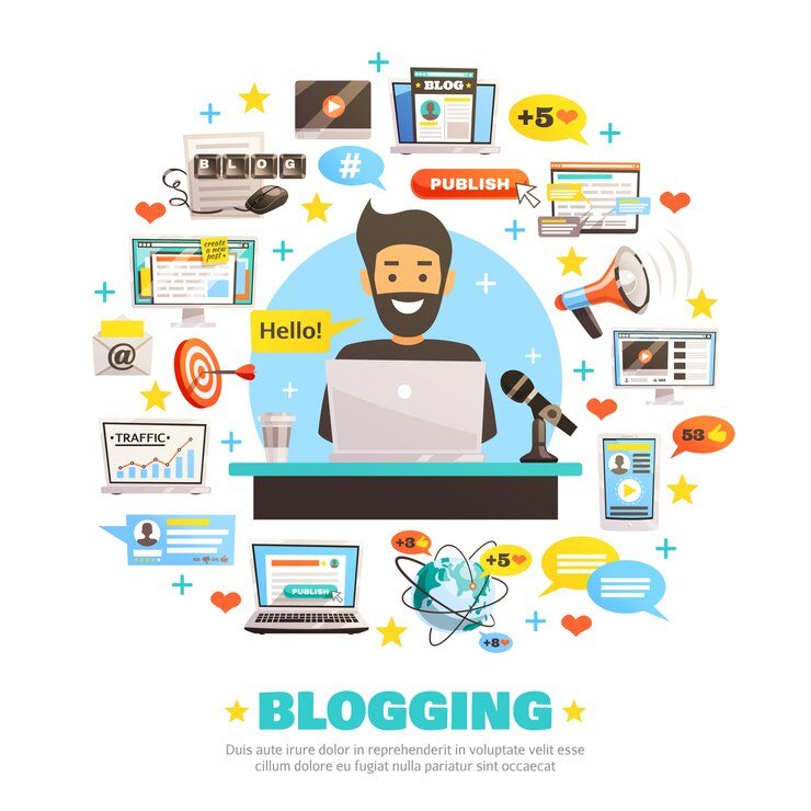 Graphic of a blog expert surrounded by floating blog elements