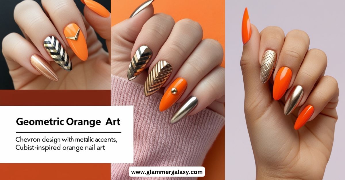 Orange Nails with Geometric Metallic Designs