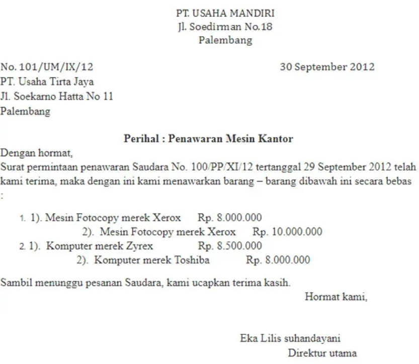 Surat penawaran harga untuk pengadaan mesin kantor