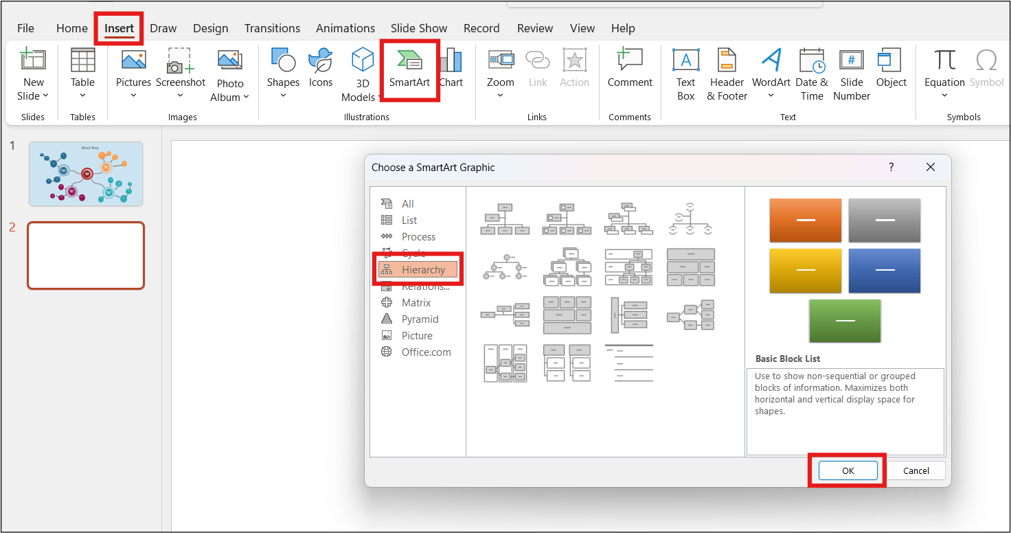 Insert > SmartArt > Choose a SmartArt Graphic > Hierarchy > OK options are highlighted in PowerPoint interface.