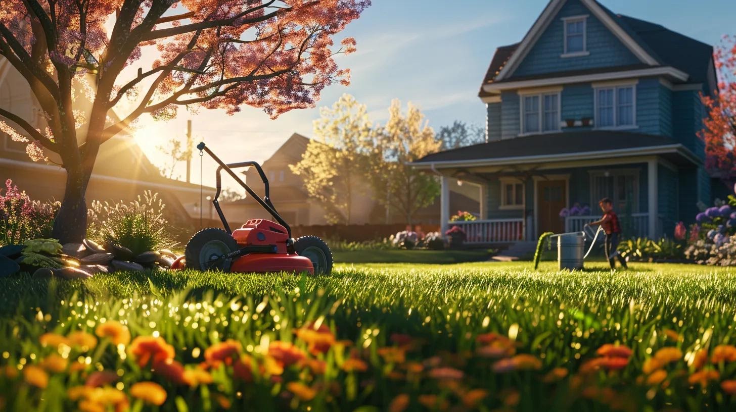 A vibrant springtime suburban lawn scene with lush green grass, blooming flowers, a person using a lawnmower, and gardening tools like a rake and watering can nearby. The sky is clear blue with soft sunlight, showcasing a well-kept yard in front of a cozy home.