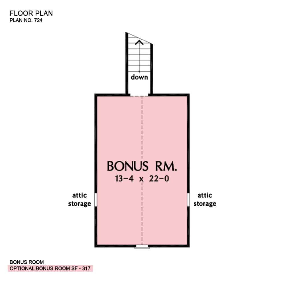 Bonus room floor plan with attic storage and a staircase leading down the main floor.