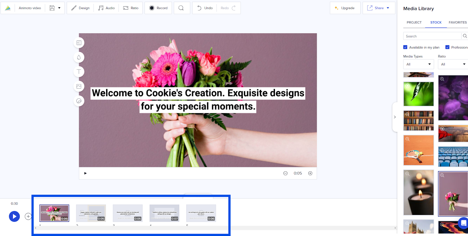 Animoto video editing interface featuring a design with flowers and a text overlay promoting Cookie's Creation.