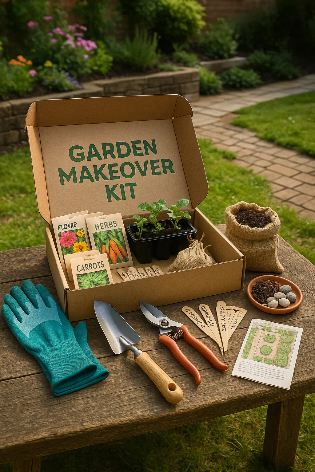 An open garden makeover kit box displayed on a rustic outdoor table or grass lawn, with its contents artfully arranged around it. Items include: Seedlings or seed packets (colorful flowers, herbs, or veggies) A pair of durable gardening gloves A compact hand trowel and pruners A small bag of nutrient-rich soil or compost Wooden plant markers with handwritten labels A folded garden layout guide or instruction booklet Decorative stones or mulch samples Background shows a partially transformed garden or patio area, hinting at what the kit can help create. The vibe is fresh, organized, and inviting — ideal for inspiring beginners and DIY gardeners.