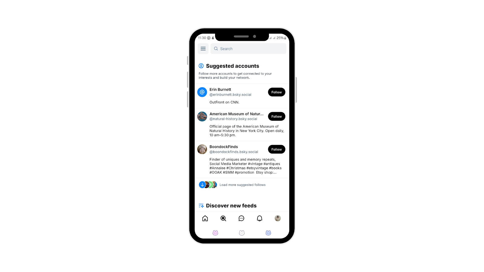 Bluesky features include a search function that helps users find posts, accounts, and hashtags to discover new content.