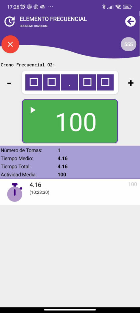 pantalla de cronometro de elemento frecuencial