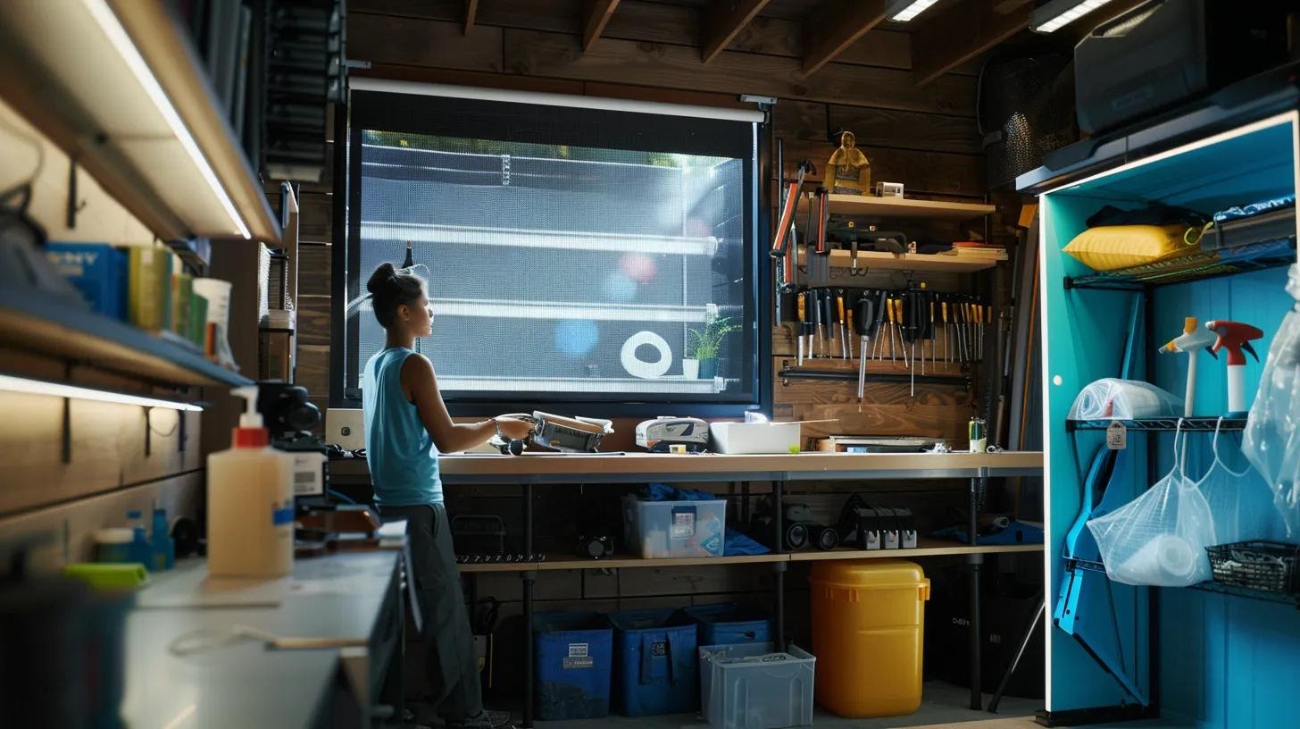 a well-organized workshop setting displays a person attentively inspecting a durable outdoor bug screen, surrounded by cleaning supplies and maintenance tools, emphasizing the importance of regular upkeep for longevity and performance.
